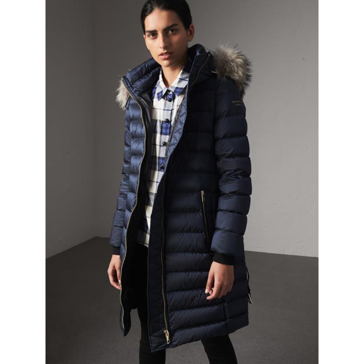Burberry Burberry Detachable Fur Trim Down-filled Puffer Coat With Hood, Size: S, Blue
