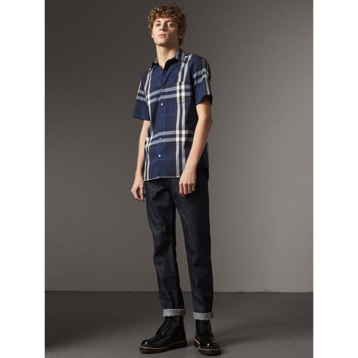 Burberry Burberry Short-sleeved Check Stretch Cotton Shirt, Size: Xs, Blue