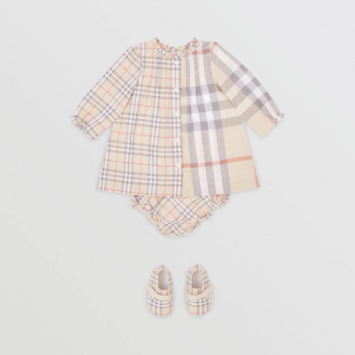 Burberry Burberry Childrens Contrast Check Cotton Dress With Bloomers, Size: 6m, Beige