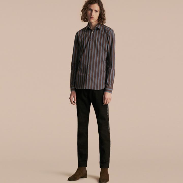 Burberry Burberry Slim Fit Pyjama Stripe Cotton Poplin Shirt, Size: 43, Blue