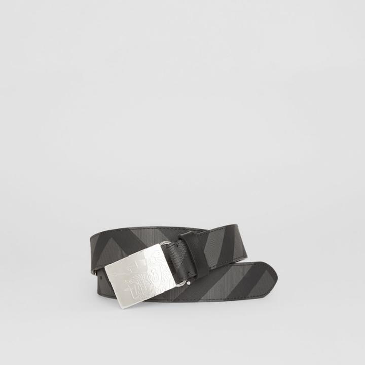 Burberry Burberry Ekd Plaque Buckle London Check And Leather Belt, Size: 90, Grey