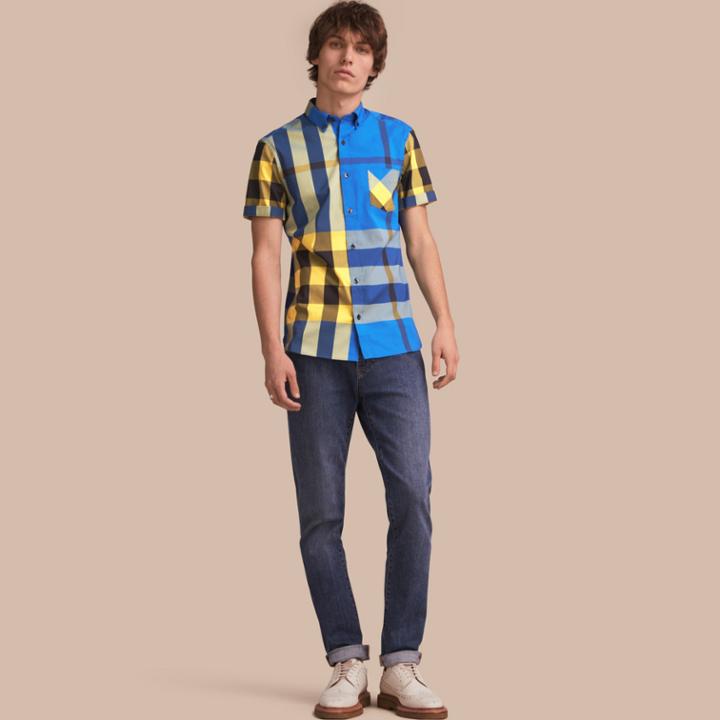 Burberry Burberry Short-sleeved Check Stretch Cotton Blend Shirt, Size: M, Blue