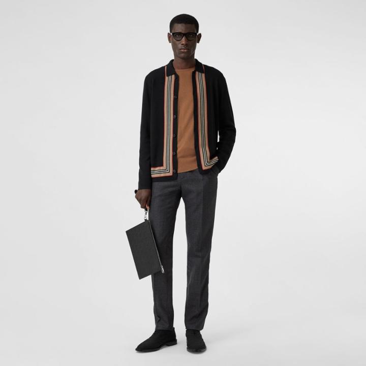 Burberry Burberry Icon Stripe Trim Wool Cashmere Cardigan, Black