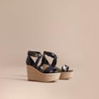 Burberry Burberry Leather And House Check Platform Espadrille Wedge Sandals, Size: 38, Blue