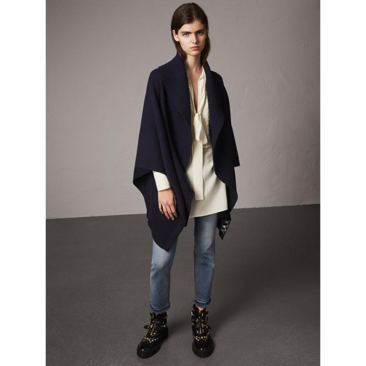 Burberry Burberry Shawl Collar Wool Cashmere Poncho, Blue