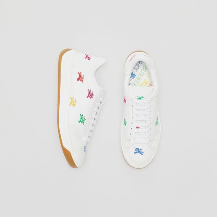 Burberry Burberry Equestrian Knight Embroidered Leather Sneakers, Size: 35, Optic White/multicolour