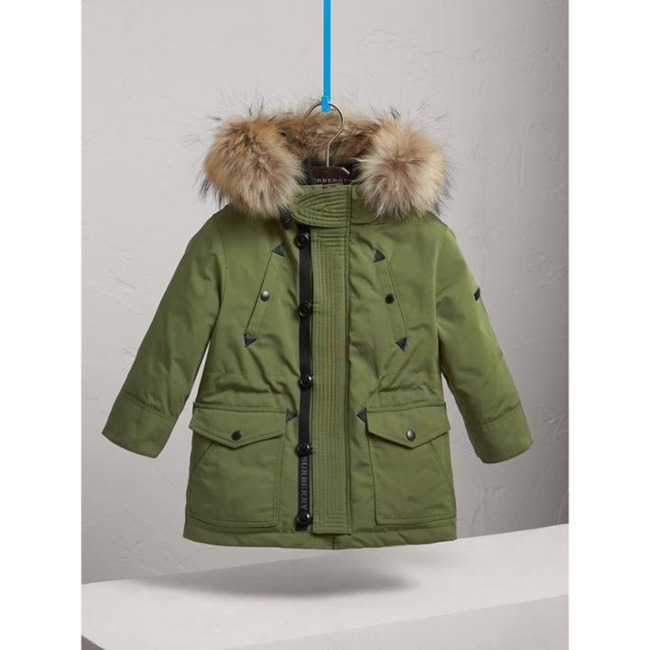Burberry Burberry Fur-trimmed Down-filled Hooded Puffer Coat, Size: 4y, Green