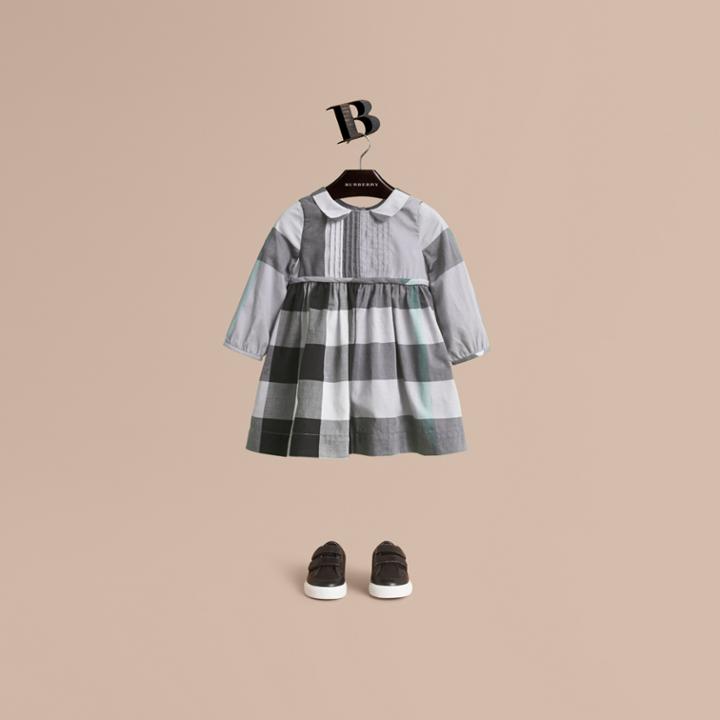 Burberry Burberry Long-sleeve Check Pintuck Bib Cotton Dress, Size: 3y, Blue