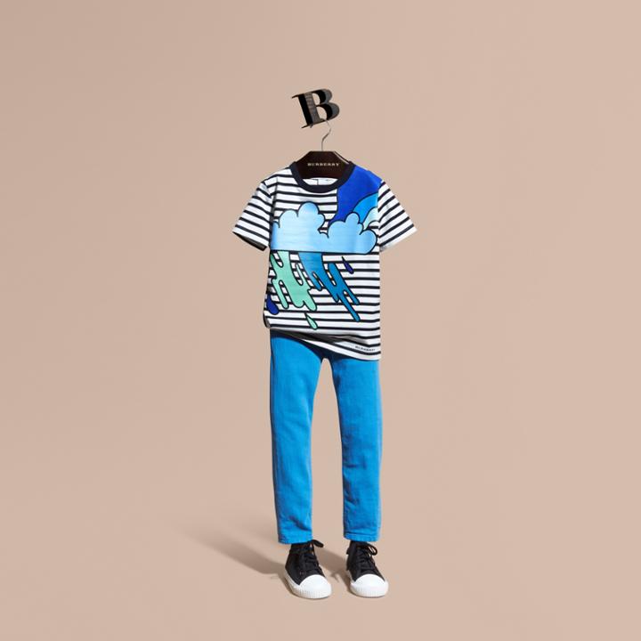 Burberry Burberry Striped Storm Cloud Print Cotton T-shirt, Size: 14y, Blue