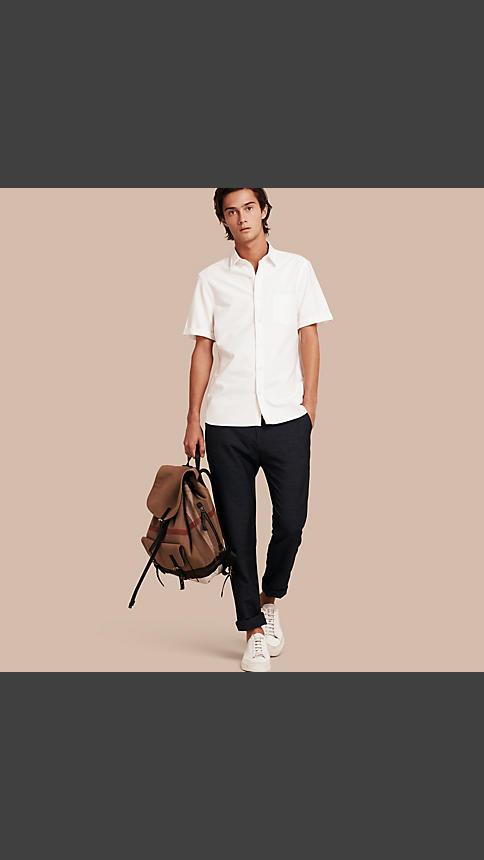 Burberry Check Detail Short-sleeved Cotton Oxford Shirt