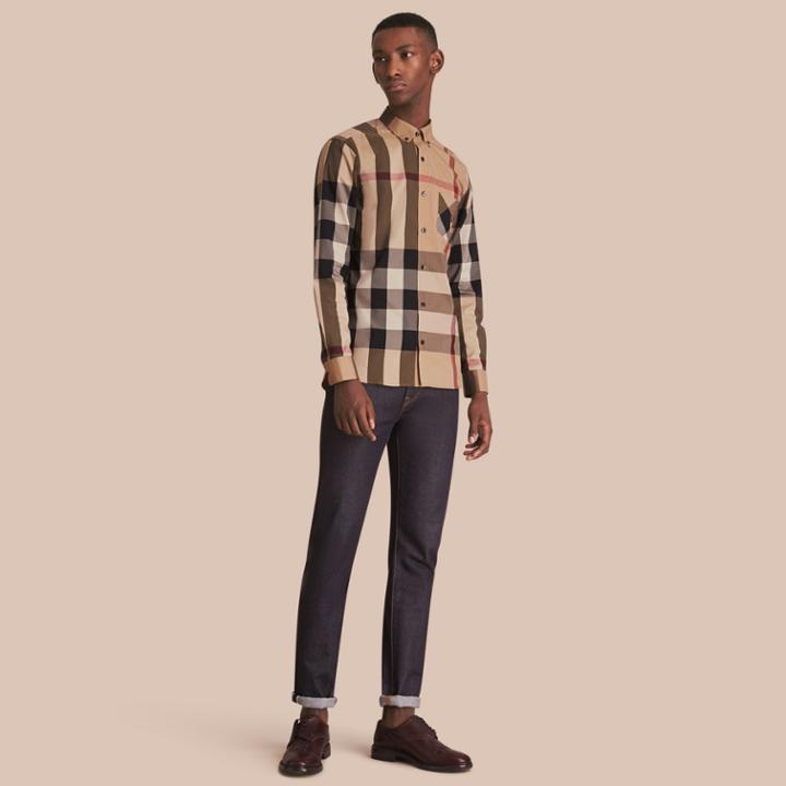 Burberry Burberry Button-down Collar Check Stretch Cotton Blend Shirt, Size: M, Brown