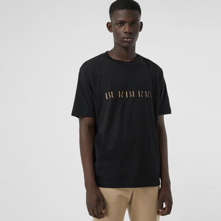 Burberry Burberry Check Logo Cotton T-shirt, Size: M, Black