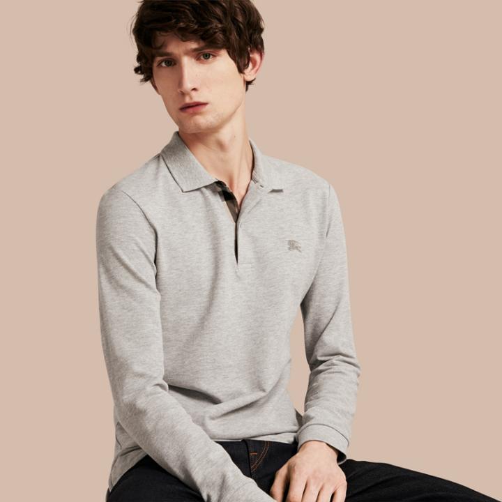 Burberry Burberry Check Placket Long Sleeve Polo Shirt, Size: Xxl, Grey