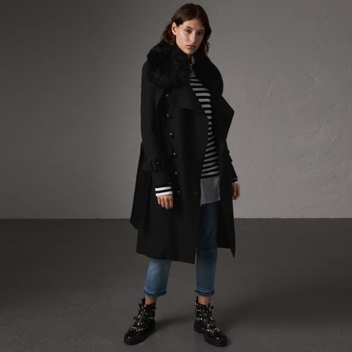 Burberry Burberry Detachable Fox Fur Collar Wool Blend Trench Coat, Size: 04, Black