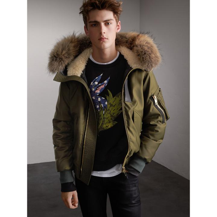 Burberry Burberry Raccoon Fur And Shearling Hood Duck-down Jacket, Size: 44, Green