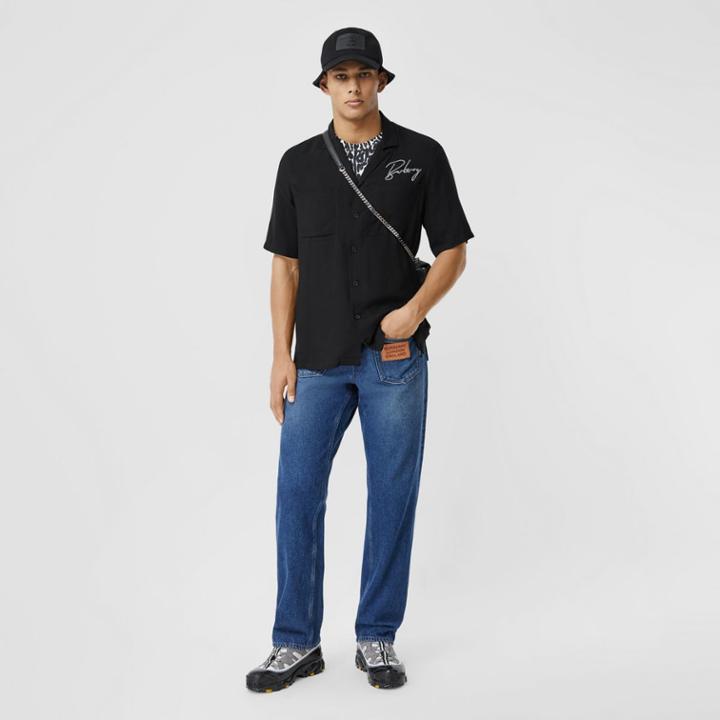 Burberry Burberry Short-sleeve Embroidered Logo Twill Shirt, Black