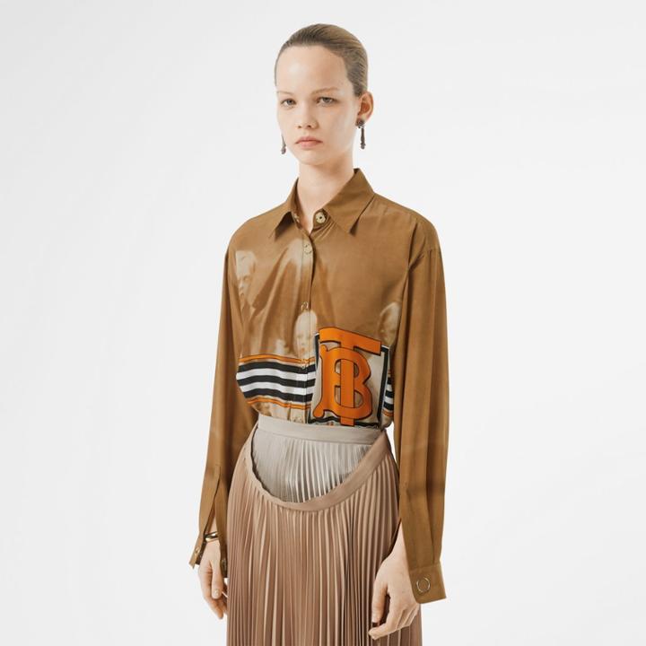 Burberry Burberry Victorian Portrait Print Silk Shirt, Size: 04, Brown