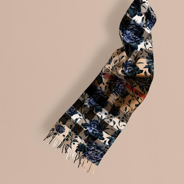 Burberry Reversible Floral Print And Check Cashmere Scarf