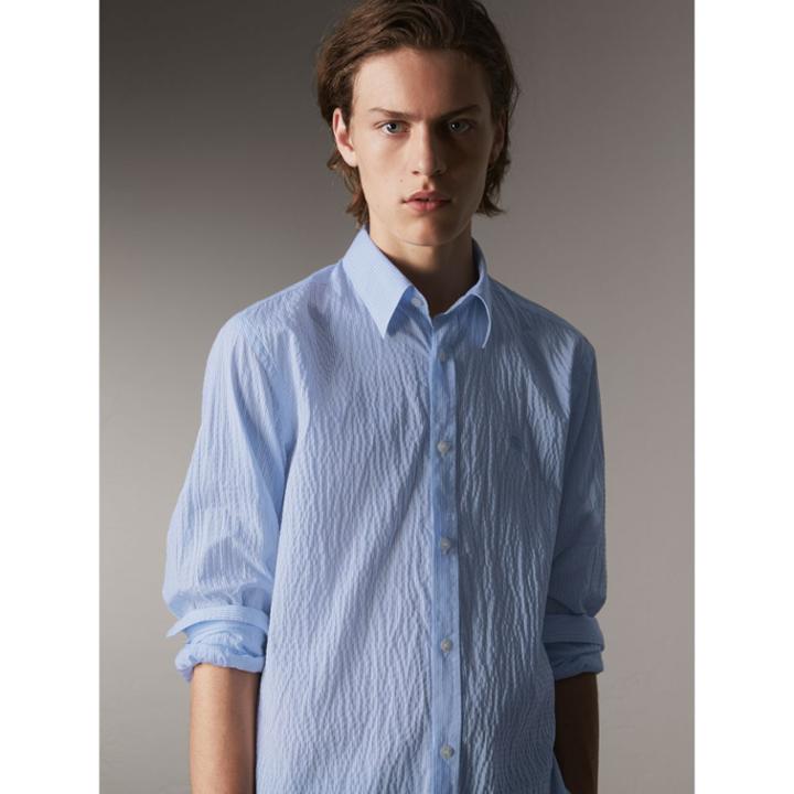 Burberry Burberry Striped Seersucker Stretch Cotton Shirt, Size: Xxl, Blue