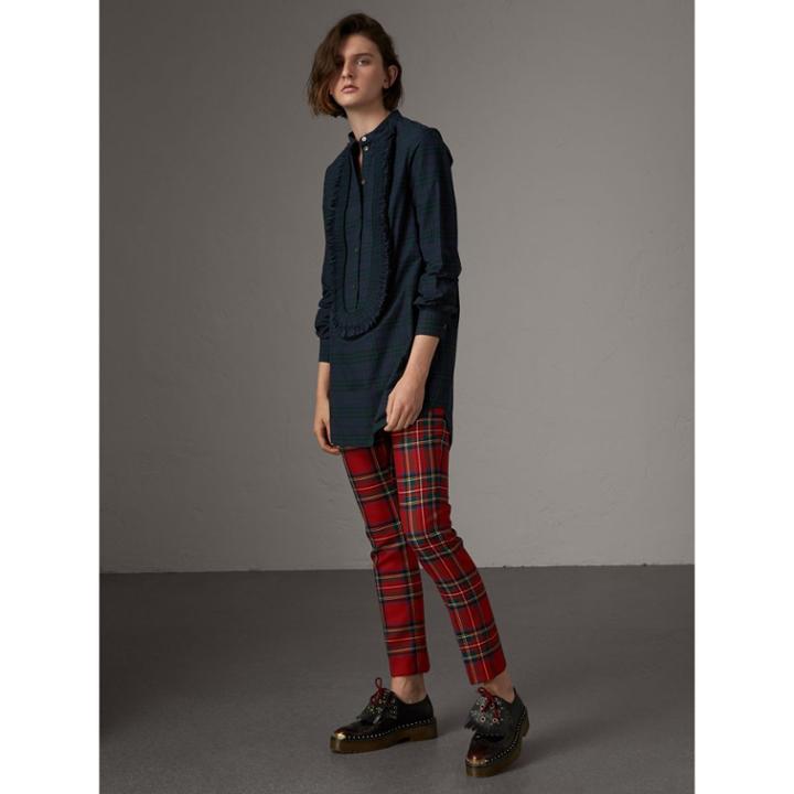 Burberry Burberry Ruffle Detail Check Cotton Tunic Shirt, Size: 04
