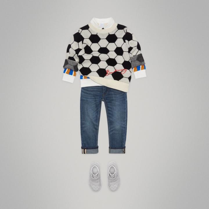 Burberry Burberry Football Intarsia Cashmere Wool Cotton Sweater, Size: 14y, Black