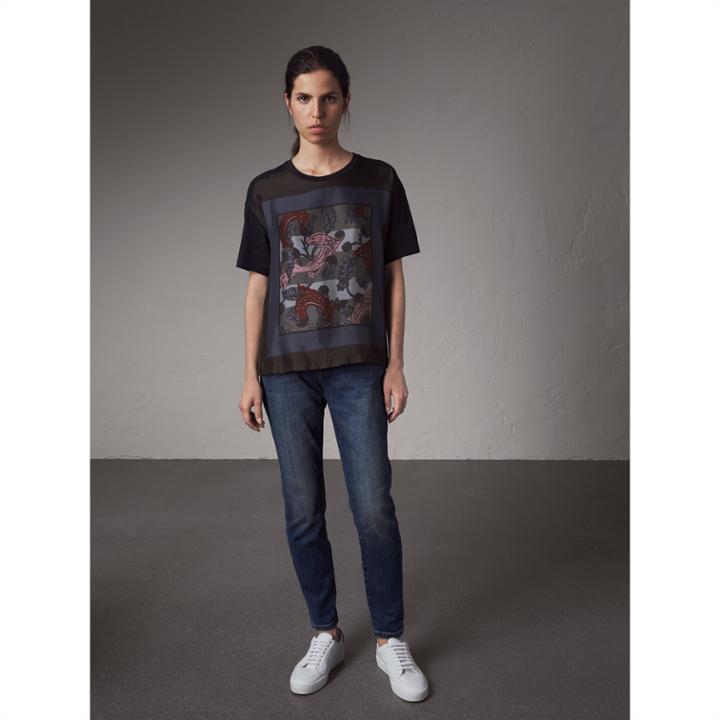 Burberry Burberry Beasts Print Silk Panel Cotton T-shirt, Size: M, Blue