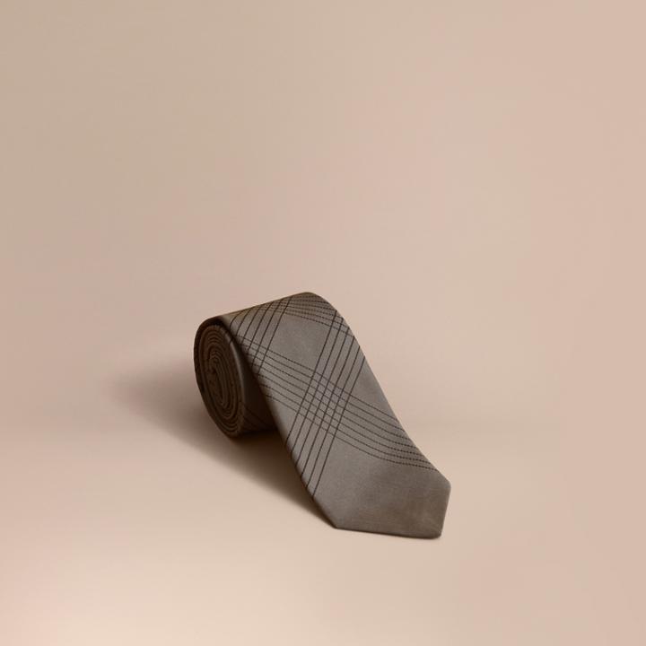 Burberry Burberry Modern Cut Topstitched Check Silk Tie, Grey