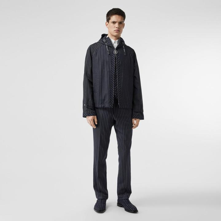 Burberry Burberry Pinstriped Wool Hooded Jacket, Size: 34, Blue