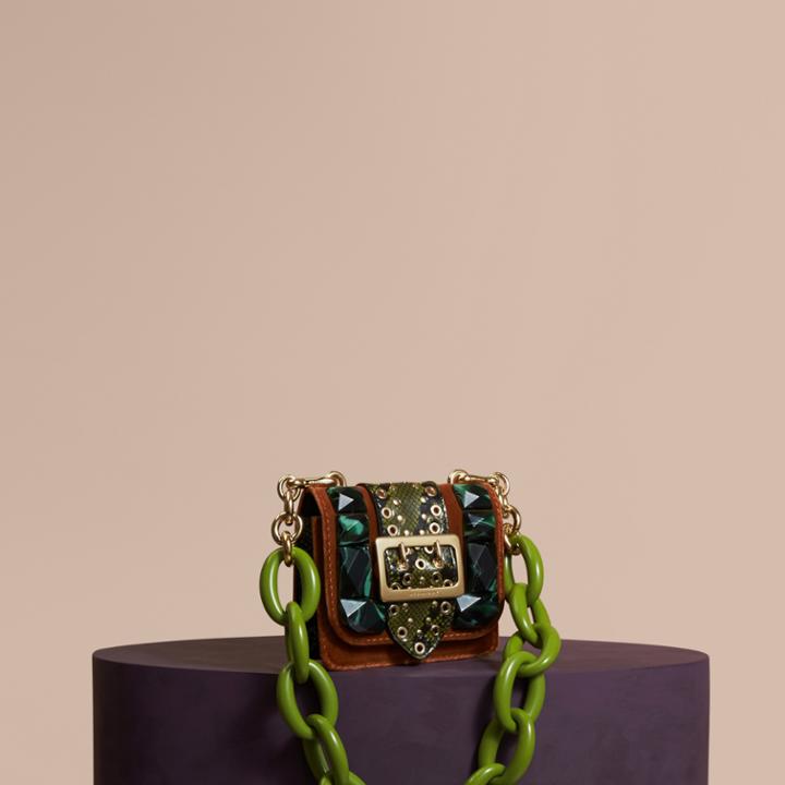 Burberry Burberry The Mini Square Buckle Bag In Velvet And Snakeskin, Brown