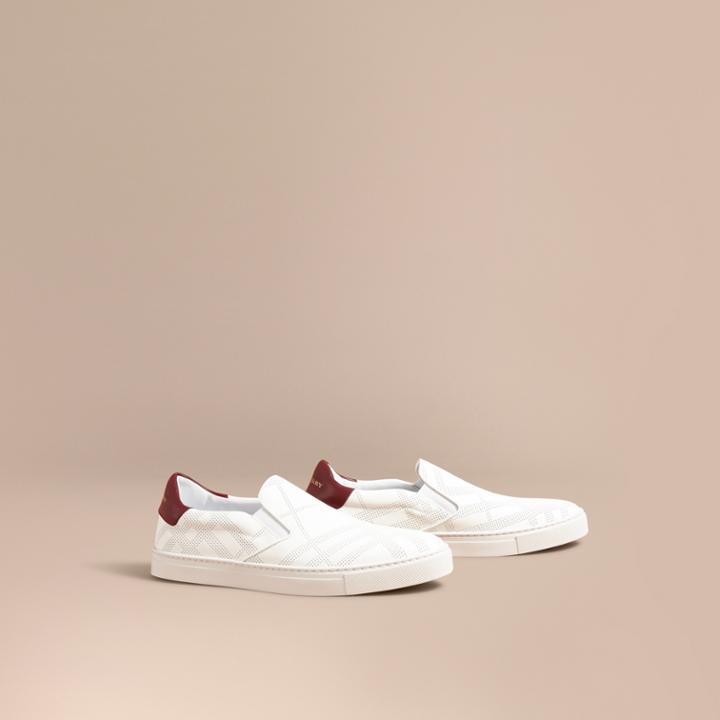 Burberry Burberry Perforated Check Leather Slip-on Trainers, Size: 40.5, White