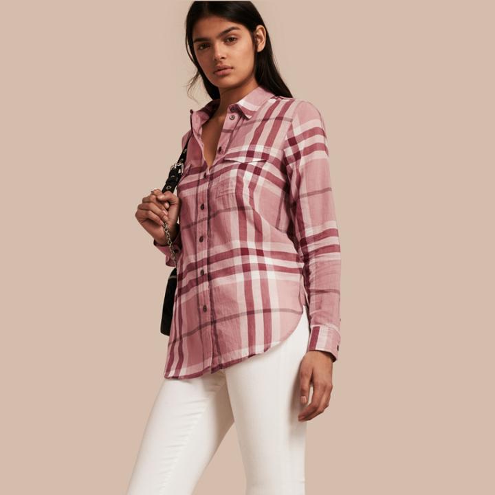 Burberry Burberry Check Cotton Shirt, Size: Xl, Pink