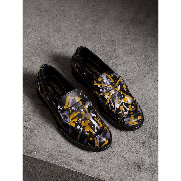 Burberry Burberry Splash Print Leather Penny Loafers, Size: 35, Black