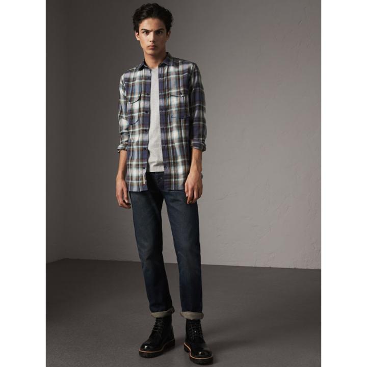 Burberry Burberry Check Wool Linen Cotton Flannel Shirt, Size: M, Blue