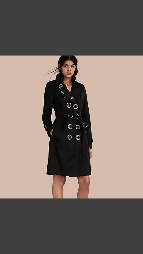 Burberry Cotton Gabardine Trench Coat With Embellished Fastening