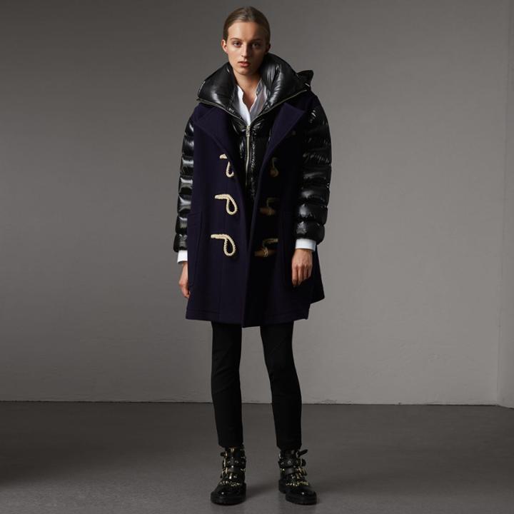 Burberry Burberry Detachable Hood Down-filled Sleeve Wool Blend Duffle Coat, Blue