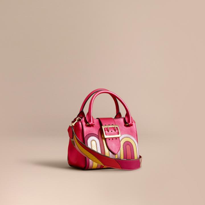 Burberry Burberry The Small Buckle Tote In Metallic Leather With Snakeskin Appliqu, Pink
