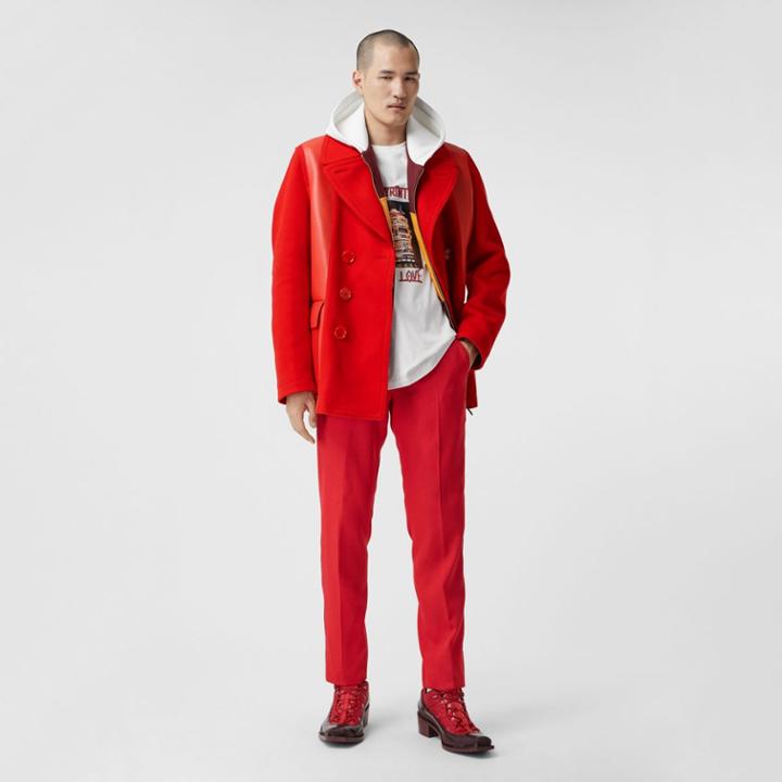Burberry Burberry Lambskin Panel Technical Wool Pea Coat, Size: 50, Red