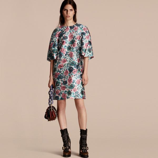 Burberry Watercolour Rose Print Sculptural Cotton Silk Dress