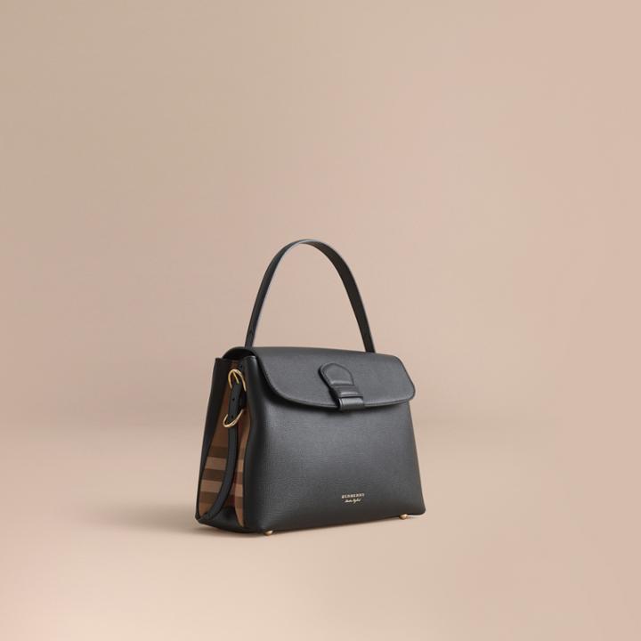 Burberry Burberry Medium Grainy Leather And House Check Tote Bag, Black