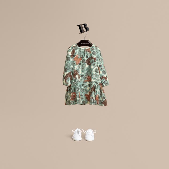 Burberry Burberry Beasts Print Silk Dropped-waist Dress, Size: 8y, Green