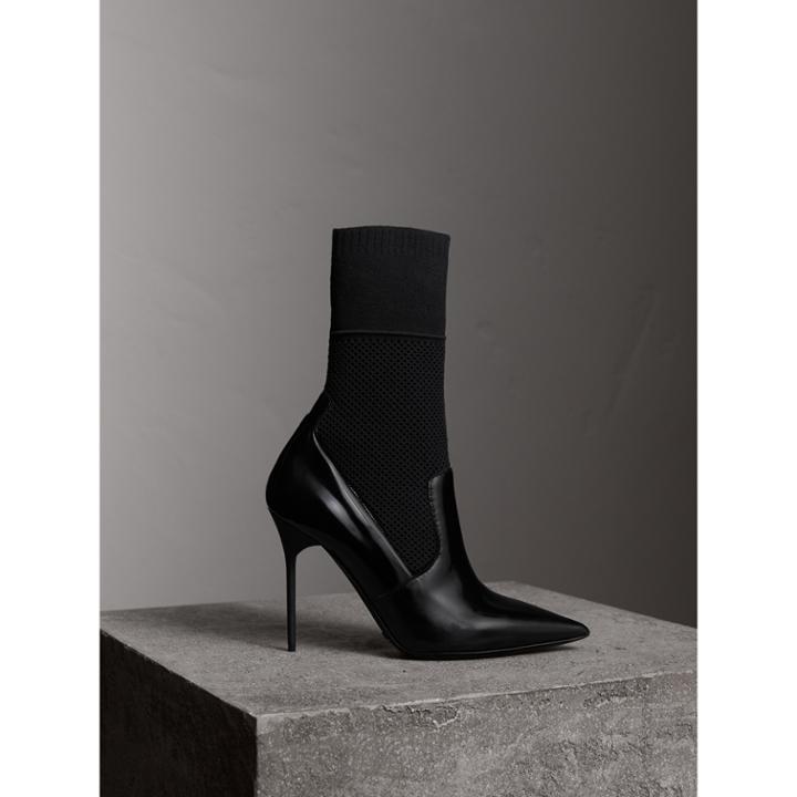 Burberry Burberry Mid-calf Patent Leather And Knitted Mesh Boots, Size: 39, Black