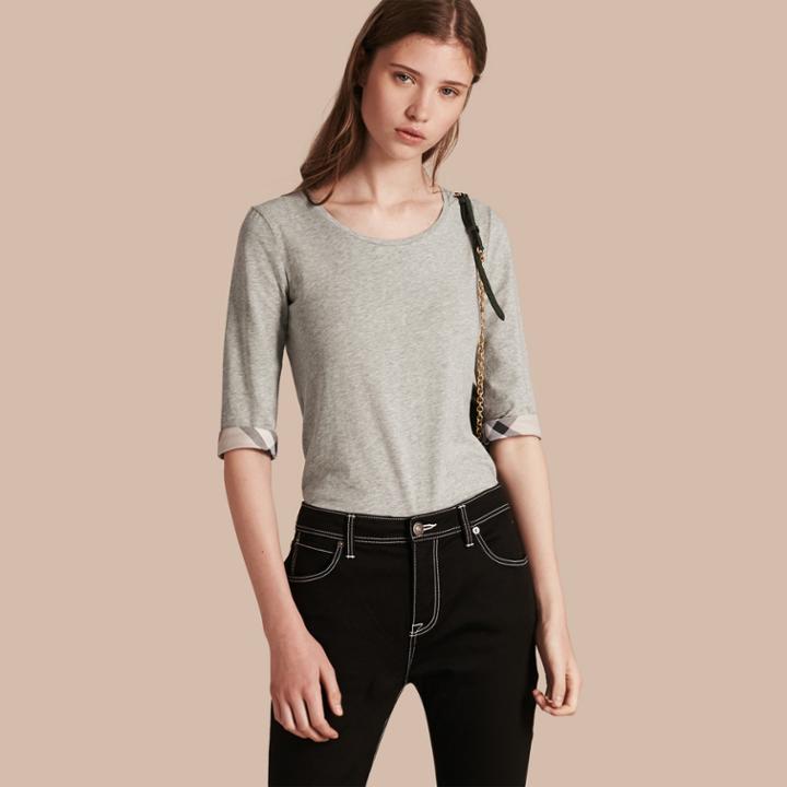 Burberry Burberry Check Cuff Stretch-cotton Top, Grey