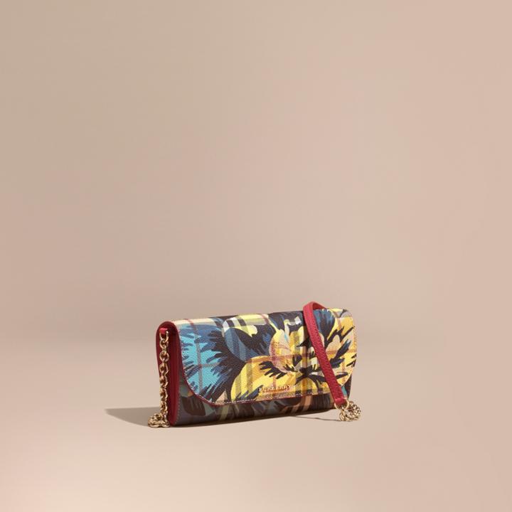Burberry Burberry Peony Rose Print Haymarket Check Wallet With Chain, Pink