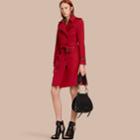 Burberry Burberry Leather Trim Cotton Gabardine Trench Coat, Size: 14, Red