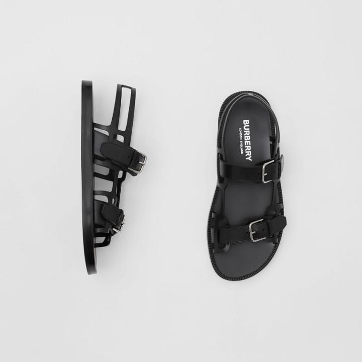 Burberry Burberry Leather Webb Sandals, Size: 43, Black