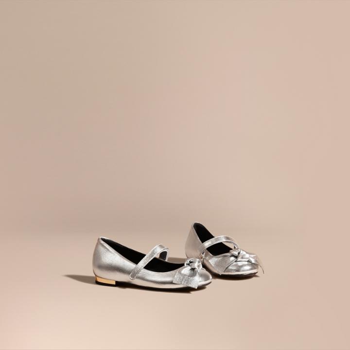 Burberry Burberry Bow Detail Metallic Leather Ballerinas, Size: 7, Grey