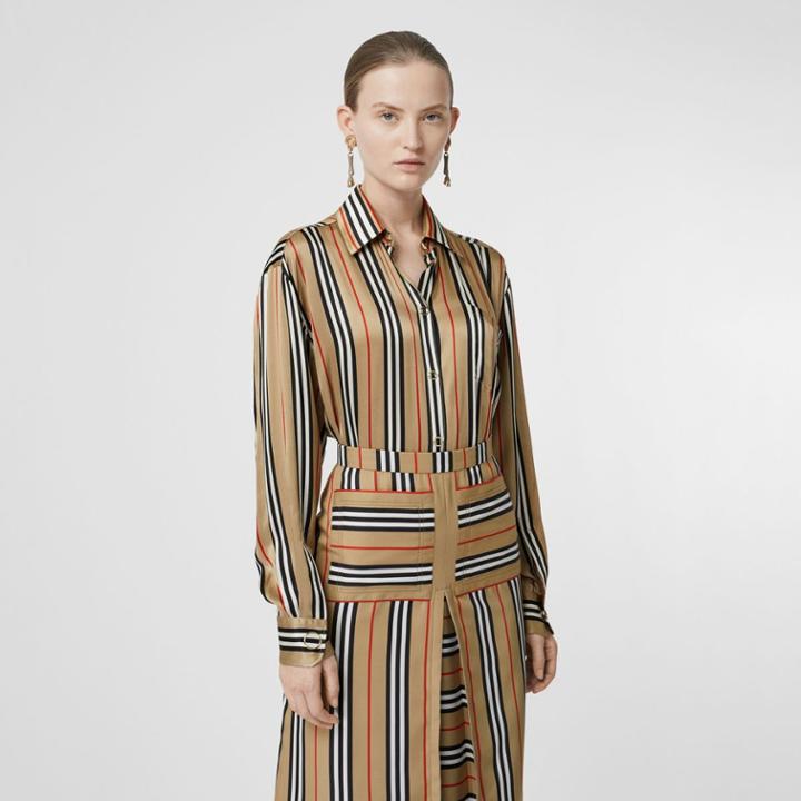 Burberry Burberry Icon Stripe Silk Shirt, Size: 02, Beige