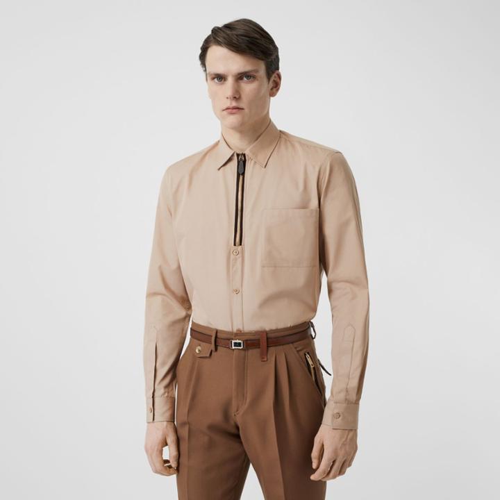 Burberry Burberry Classic Fit Zip Detail Cotton Twill Shirt, Size: 16, Beige