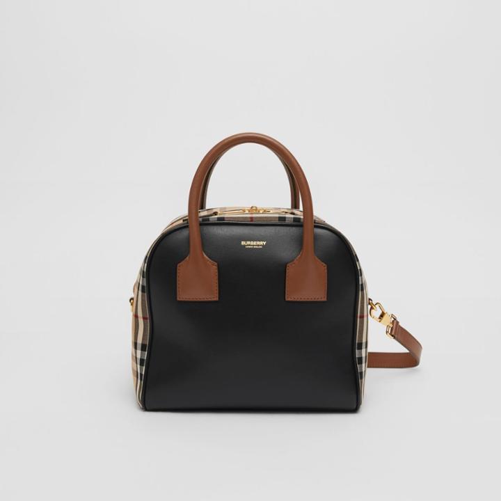 Burberry Burberry Small Leather And Vintage Check Cube Bag, Beige