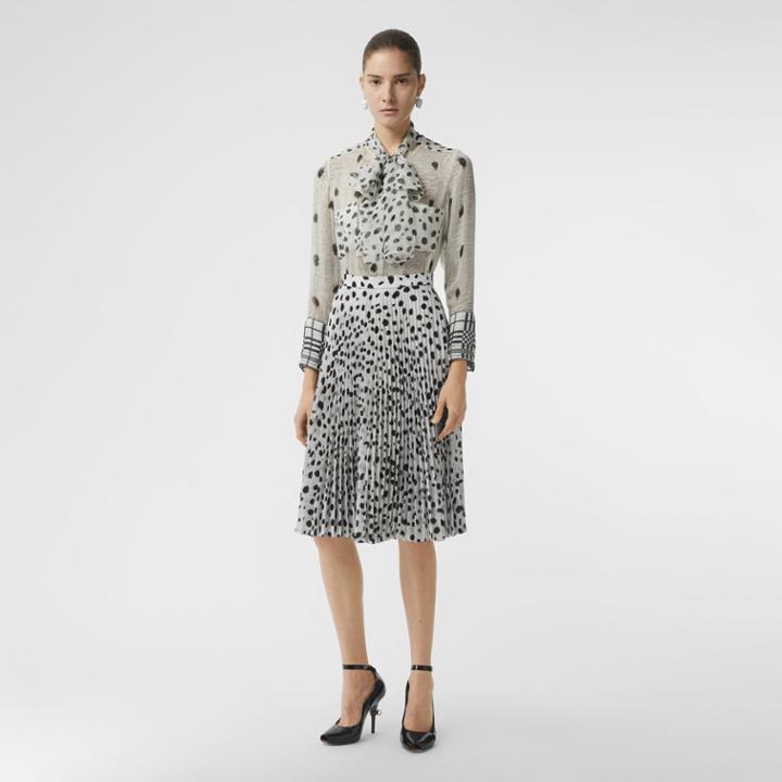 Burberry Burberry Dalmatian Print Silk Pussy-bow Blouse, Size: 02, Black
